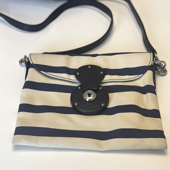 Ralph Lauren Purple Label Striped Canvas Crossbody | Navy & Cream | Red Interior - Picture 9 of 9